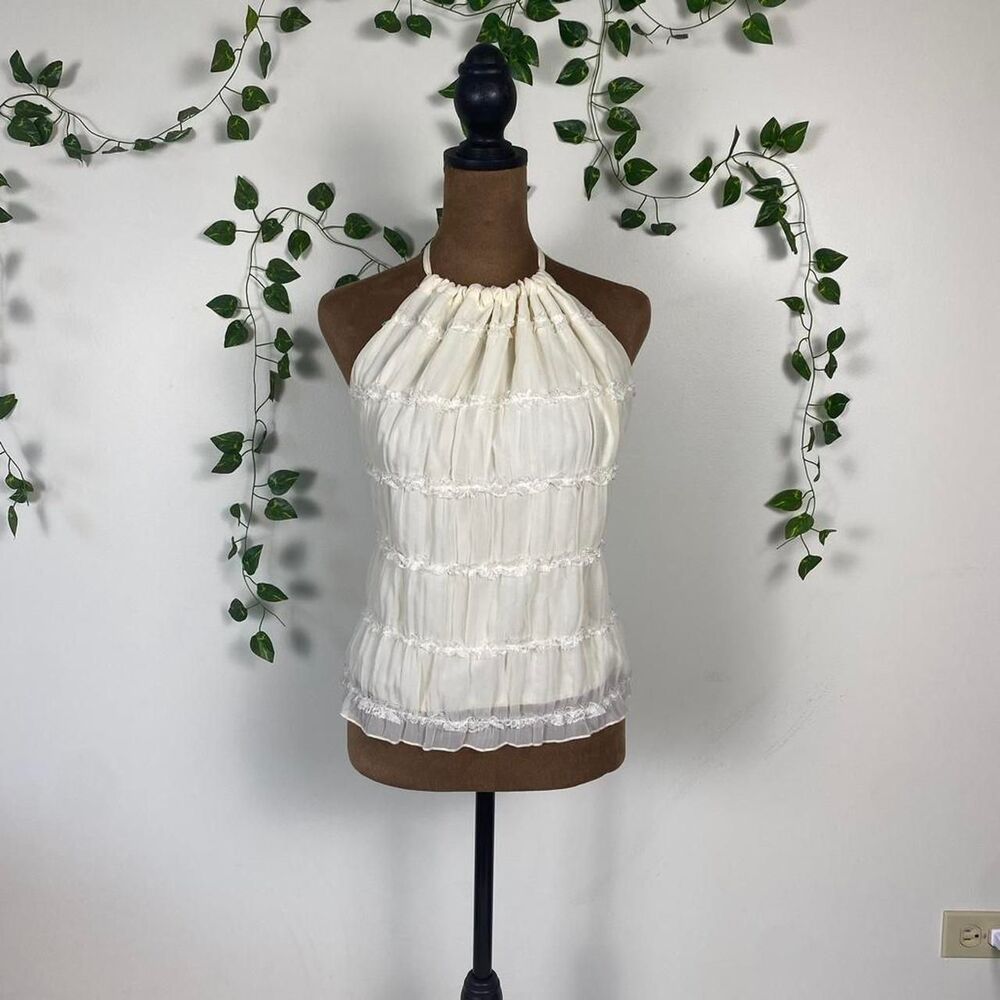 Size S White ruffle lace string tie halter top backless romantic coquette y2k